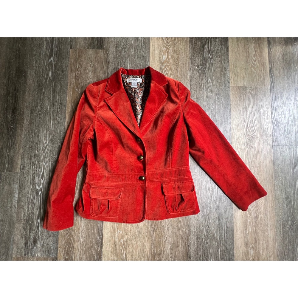 Judith Hart Blazer Women 10P Orange Red Velvet Floral Lined Button Front Jacket